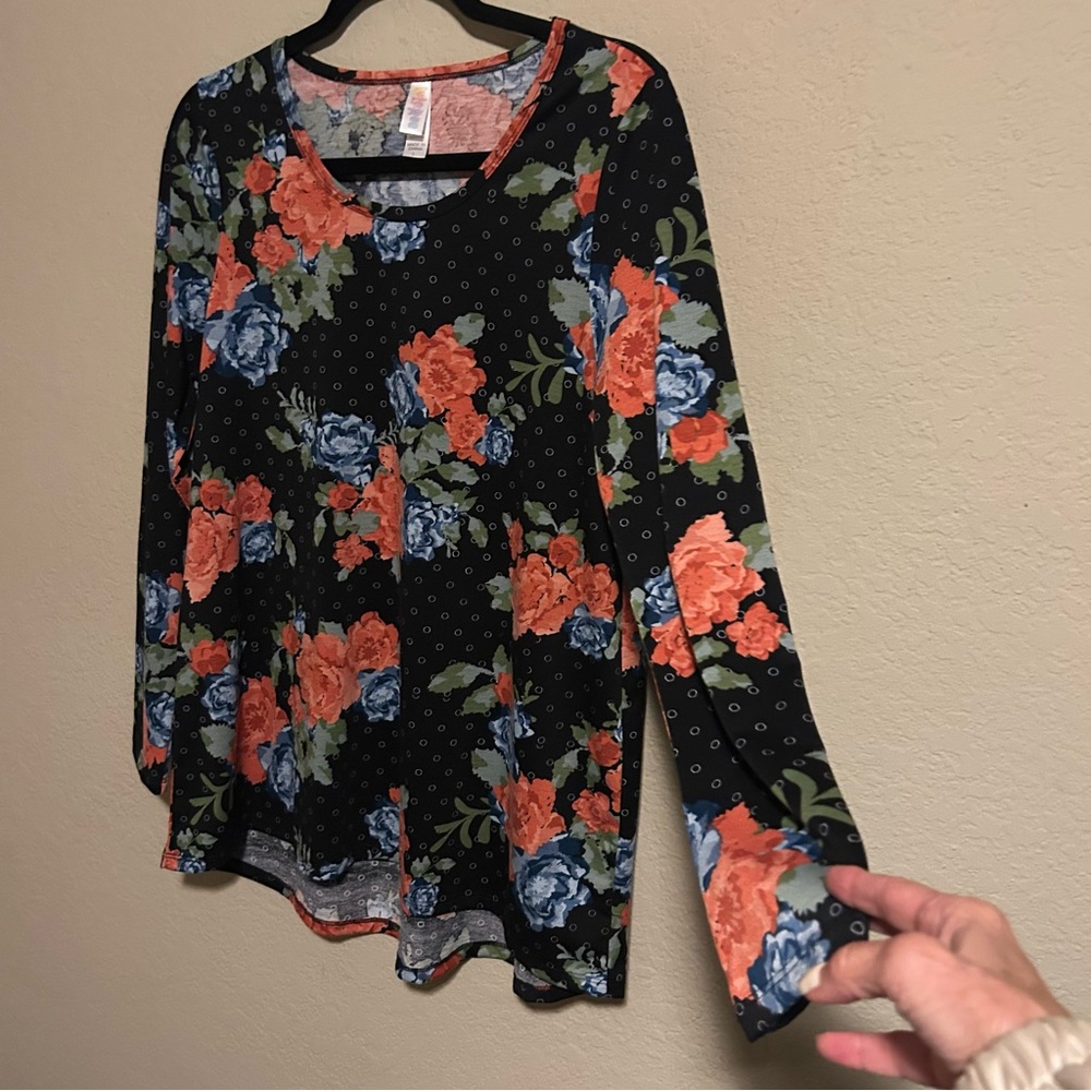 Elegant Floral Long Sleeve Top - Black, Blue, and Orange